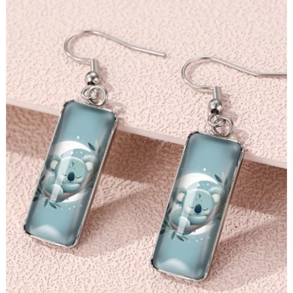 rectangular glass cabochon koala outdoors gray white animal dangle earrings